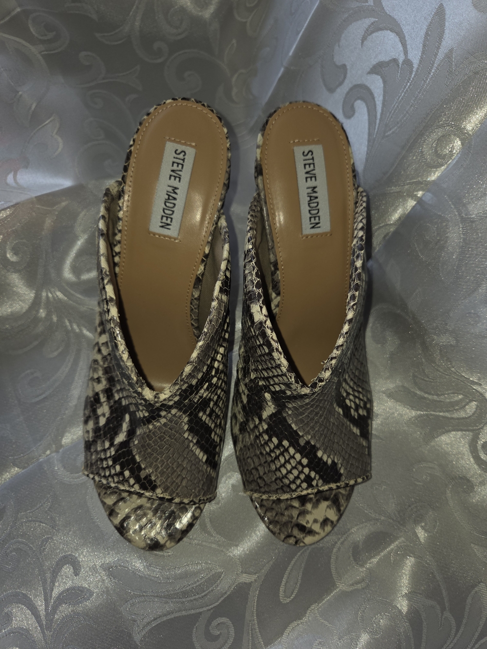 Steve Madden Snake-Print Open-Toe Slide Sandals in Beige and Black
